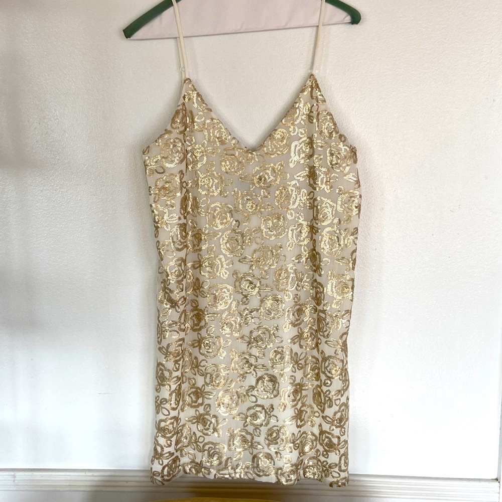 AQUA gold rose sequin mini dress, from Neiman Marcus, size S